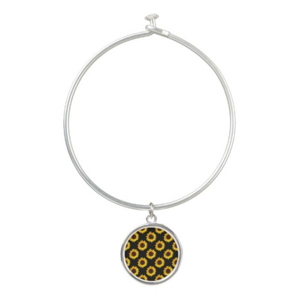 Sunflower Print Bangle Bracelet with Charm