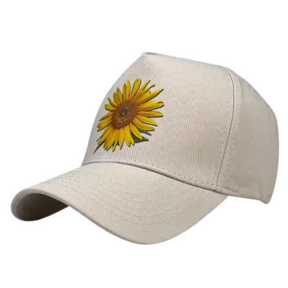 beige baseball cap sunflower print