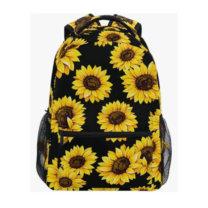 Sunflower Print Laptop Backpack with Multiple Pockets