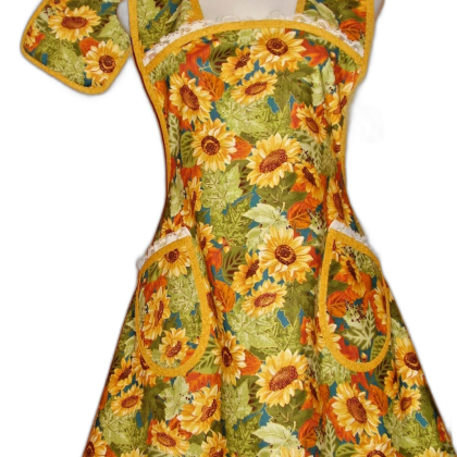 Handmade Bib Kitchen Apron - Gold Metallic Fall Sunflowers