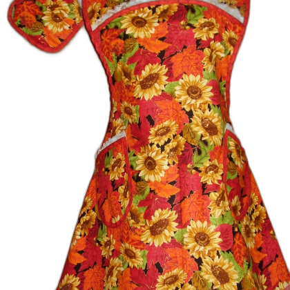 Handmade Bib Kitchen Apron - Fall Leaves Sunflowers Gold Trim